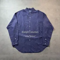 90s ラルフローレン シルク リネン L/S shirt ネイビー XL 古着
