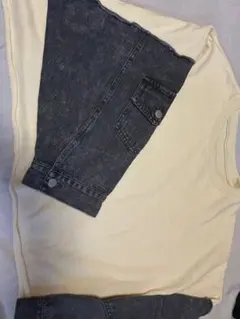 クリーム色/ダークグレー 片袖デニムTシャツ