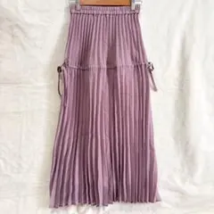 美品 コトリカ プリーツスカート ロング リボン ウエストゴム パープル M