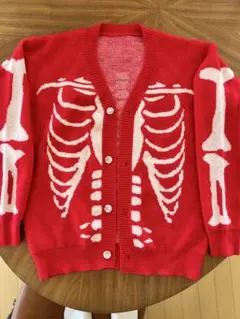 バンソン・シュプリーム系 赤 骨格プリント ニットカーディガン レッドスカル