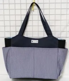 カラーデニムヒッコリー・濃紺・サイドポケット付きトートバッグW・ハンドメイド