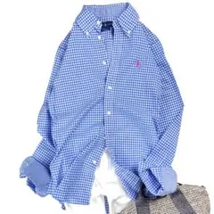 美品 ラルフローレン ギンガムチェック コットンシャツ ブルー ポニー刺繍 M