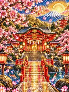 オリジナルデジタルアートプリント 富士山 桜 寺院 幻想的ポスターA4額付き発送