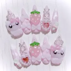 No.454　ネイルチップ 現品 量産型 地雷系 サブカル 平成女児 猫 ピンク