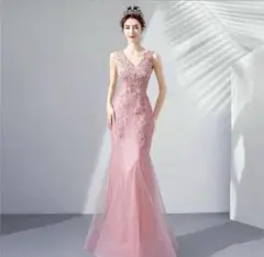 定価29800円　立体刺繍 ピンク マーメイドラインロングドレス編み上げ