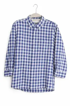 ナノユニバース　ギンガムチェック　青　七分袖シャツ