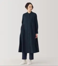 無印良品　両面起毛フランネルスタンドカラー長袖ワンピース　ダークネイビー　S