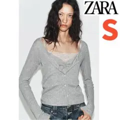 新品 ZARA レーストップコントラストジャケット グレーマール S