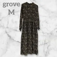 美品　[grove ]グローブ　花柄　ロング　プリーツ　ワンピース　ブラック　M