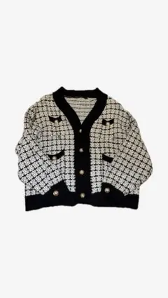 チェック柄カーディガン 長袖 ホワイト・ブラック