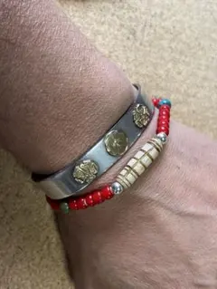 アンティークホワイトハーツボーンパイプビーズブレスレット天然石ターコイズ