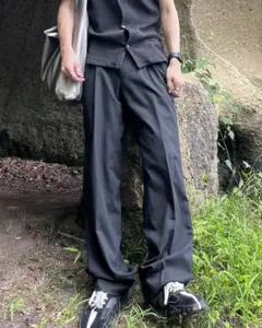 vintage ストライプスラックス　ブラック ワイドパンツ