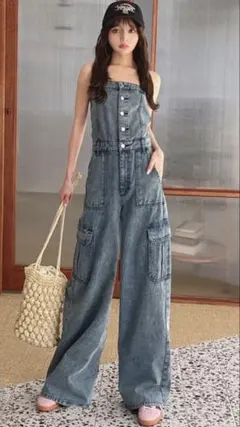 デニム ベアトップオールインワン