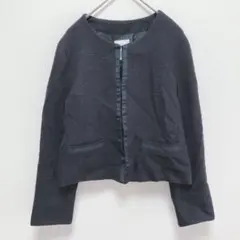 ヴィス|ラメ混ツイード ノーカラージャケット【M】フックボタン ショート丈 紺のサムネイル