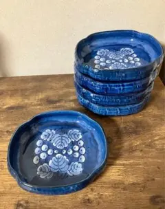 有田焼？ 変形オーバル型　変形角皿 染付葡萄　ぶどう柄　浅皿　浅鉢 5枚