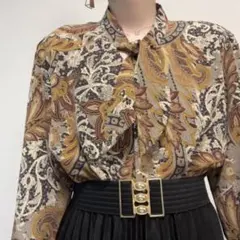 ボウタイ ペイズリー エスニック オリエンタル 総柄 昭和レトロ ブラウス