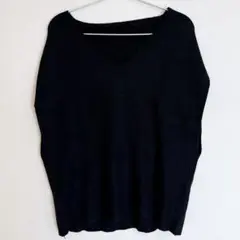 Vネック リブニット フレンチスリーブ トップス ブラック FREEサイズ