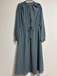 GU 総柄 マキシ丈 ノーカラー ロングワンピース グリーン系 Lサイズ