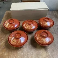 美品 天然木 漆器 蓋付き 吸い物椀 金彩蒔絵 花柄 5点セット