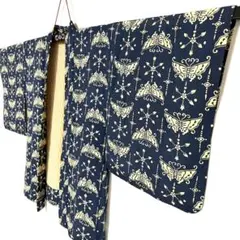5k2850 羽織　正絹　袷　蝶　紺　白　柄物　和装　着物