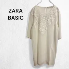 ザラベーシック シアーワンピース レース刺繍 七分袖 パール インド製 透け感