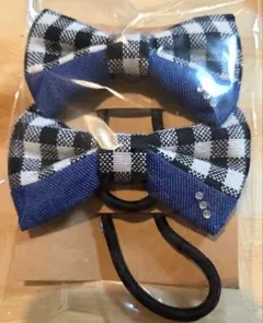 ハンドメイド 白黒チェック柄×デニム リボン形ヘアゴム 2個セットno.53