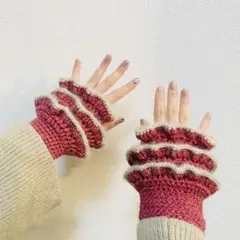 ハンドメイド 手袋 赤色 編み物 毛糸 アームウォーマー