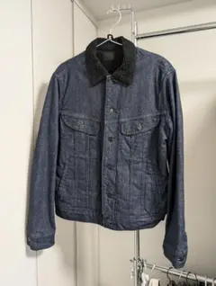 Lサイズ ダークブルー デニムジャケット ボア襟付き