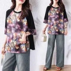 新品◎大人気 綺麗め プリント 大きいサイズ 切り替 Tシャツ 五分袖