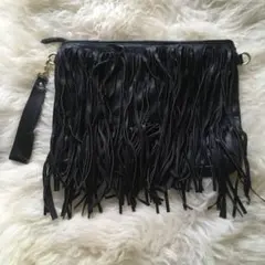 GU フリンジ レザー クラッチ クラッチバッグ レザーバッグ ブラック