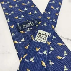エルメス HERMES ネクタイ ブルー 鳥のデザイン 総柄 シルク