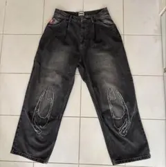 9090 メンズ ブラックバギーデニム 股下70cm 総丈107cm