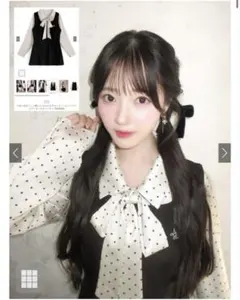 リボン付きドット柄シャツ×スクエアネックノースリーブミニワンピ[at2569]