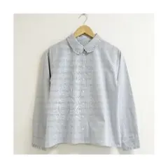 m865_IENA 美品✨フリルカラーシャツブラウス ストライプ ネイビー