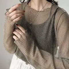 オリーブグリーン リブニット 長袖トップス