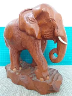 高級チーク材】木彫り 象の置物 タイ製 ハンドメイド インテリア