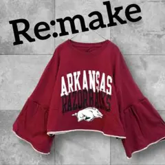 古着リメイク フレア袖 赤 英字 ロゴ ブタさん グランジ 長袖Tシャツ