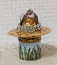 limoges ボックス羽根飾り 豹柄 帽子 ヴィンテージ Peint main