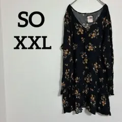 美品✨SO 【XXL】花柄 長袖ワンピース 黒 ブラック スカート