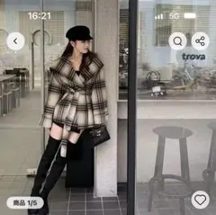 チェックマントウールコートミディアムロング 韓国 ウエストトップスジャケットのサムネイル