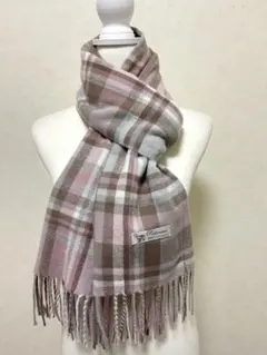100%パシュミナカシミヤ チェック柄マフラー ピンク×ブラウン 大判 ストール