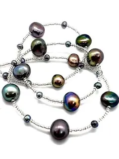 【テリ最強】本黒真珠大珠ブラックパール＆ベビーパールネックレス　K18金WG箔