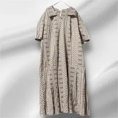 【レトロ古着】幾何学柄 半袖ワンピース ブラウン系 ヴィンテージ 膝丈 襟付きう