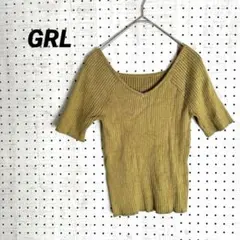 グレイル リブニット Vネック 半袖トップス マスタード（L）タイト レーヨン混