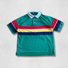 90s デザインポロシャツ M グリーン系 マルチカラー ボーダー タイ製のサムネイル