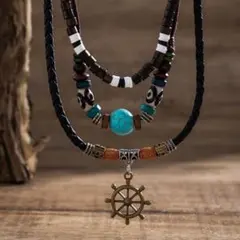 ラス1★ネックレス 2本セット ナバホ エスニック インディアン ブラウン 舵輪