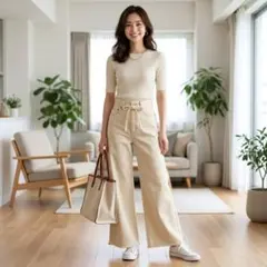 W67・Ｍ　ワイドシルエット　ハイウエストバギーデニム　共布リボンベルト付　オフ