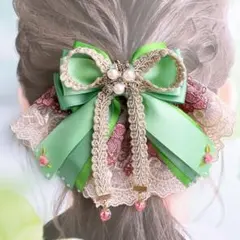 グリーン　ピンク　プリンセスドレス　ヘアバレッタ　リボンバレッタ　キッズ