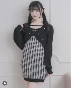 pium ♡ リボンレイヤード千鳥柄ニットワンピ