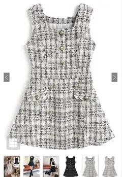 ホワイト系チェック柄ノースリーブミニワンピース